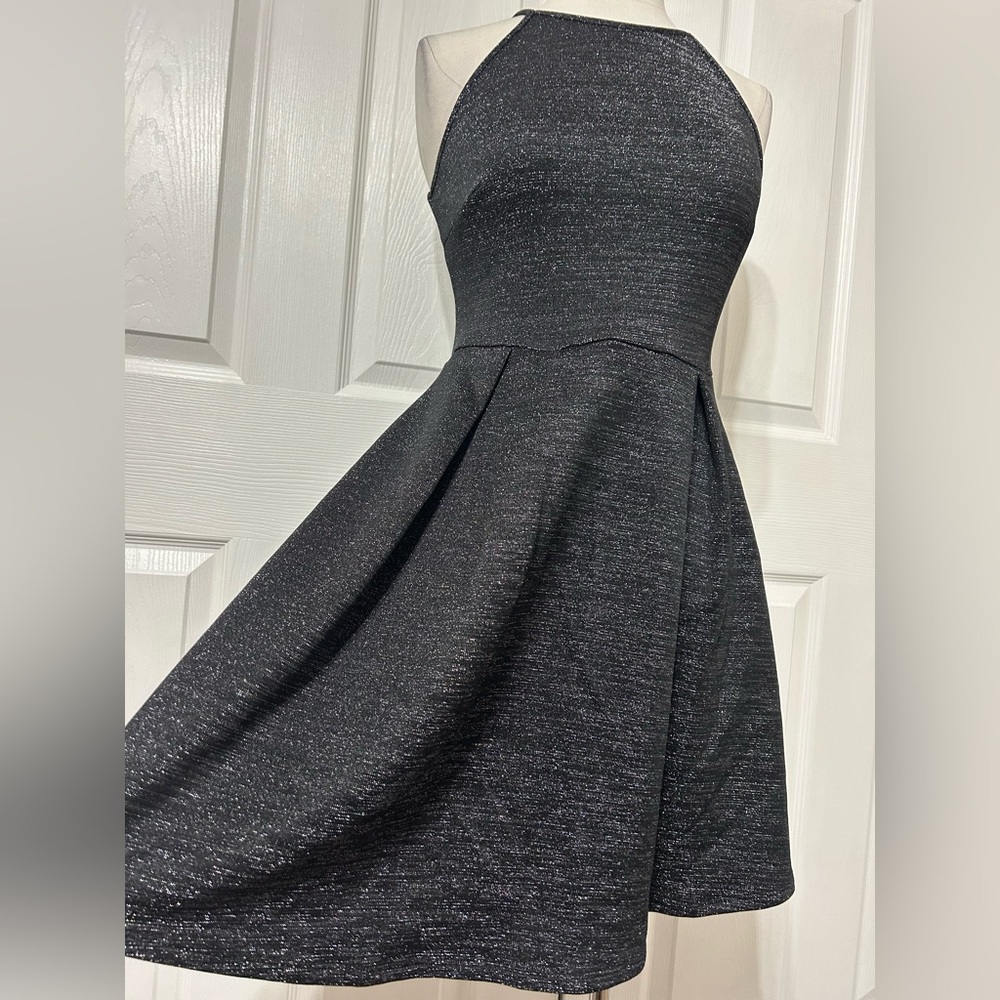 Soprano Women’s Black Silver Metallic Shimmer Skater Dress Fit N Flare Size S - Picture 3 of 5